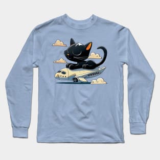 Funny Black Cat is Flying on the Plane Long Sleeve T-Shirt